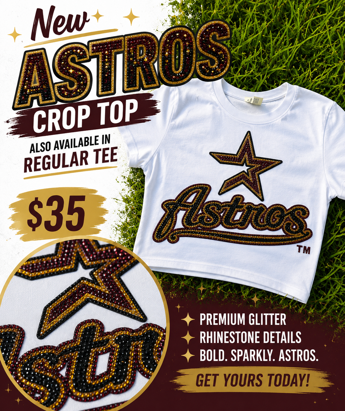 Astros old school glitter rhinestone